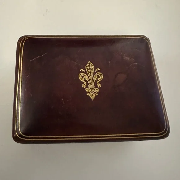 Vintage Antique Florentine Leather Box Tooled Gold Gilt Fleur De Lis Decoration